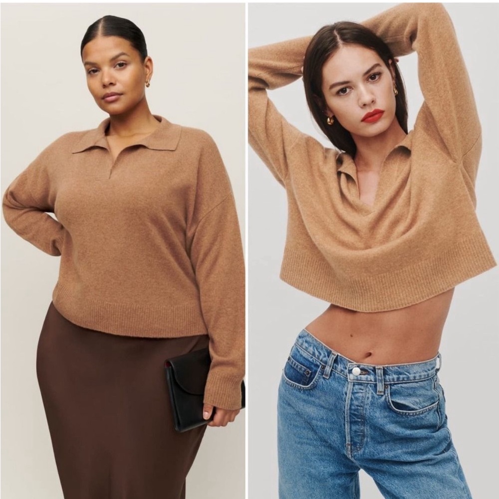 NWT Reformation Sweater. Tan Cashmere Polo Crop, Size XL